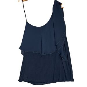 CHA CHA VENTE One Shoulder Ruffle Top M Navy Romantic Y2K Made USA